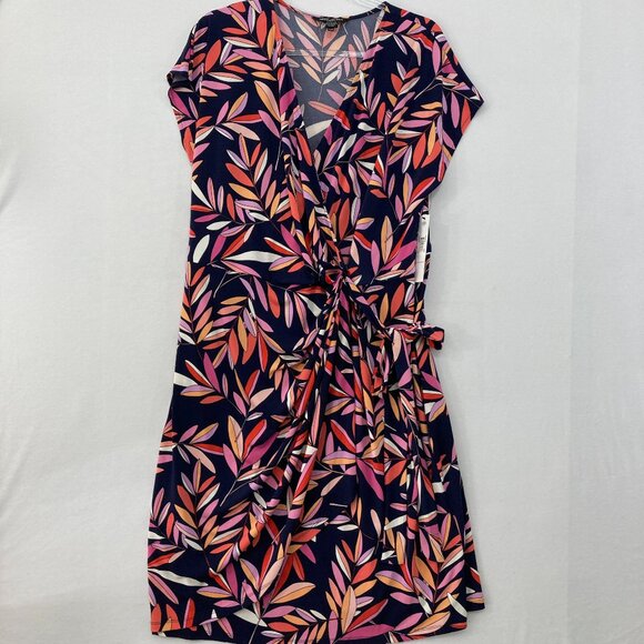 New Maggy London size 16W Multi Color Leaf Stretch Wrap Belted Dress Feminine - Picture 1 of 11